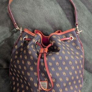 SOLD- Dooney & Bourke Navy and Tan Monogram Shoulder Bag